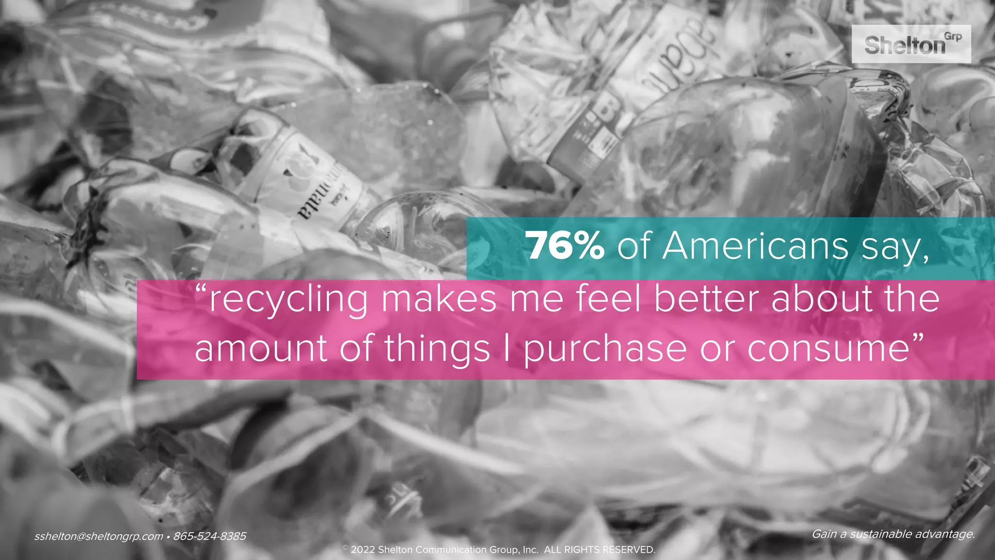 45
76% of Americans say,
“recycling makes me feel better about the
amount of things I purchase or consume”
Gain a sustainable advantage.
sshelton@sheltongrp.com • 865-524-8385
© 2022 Shelton Communication Group, Inc. ALL RIGHTS RESERVED.
 