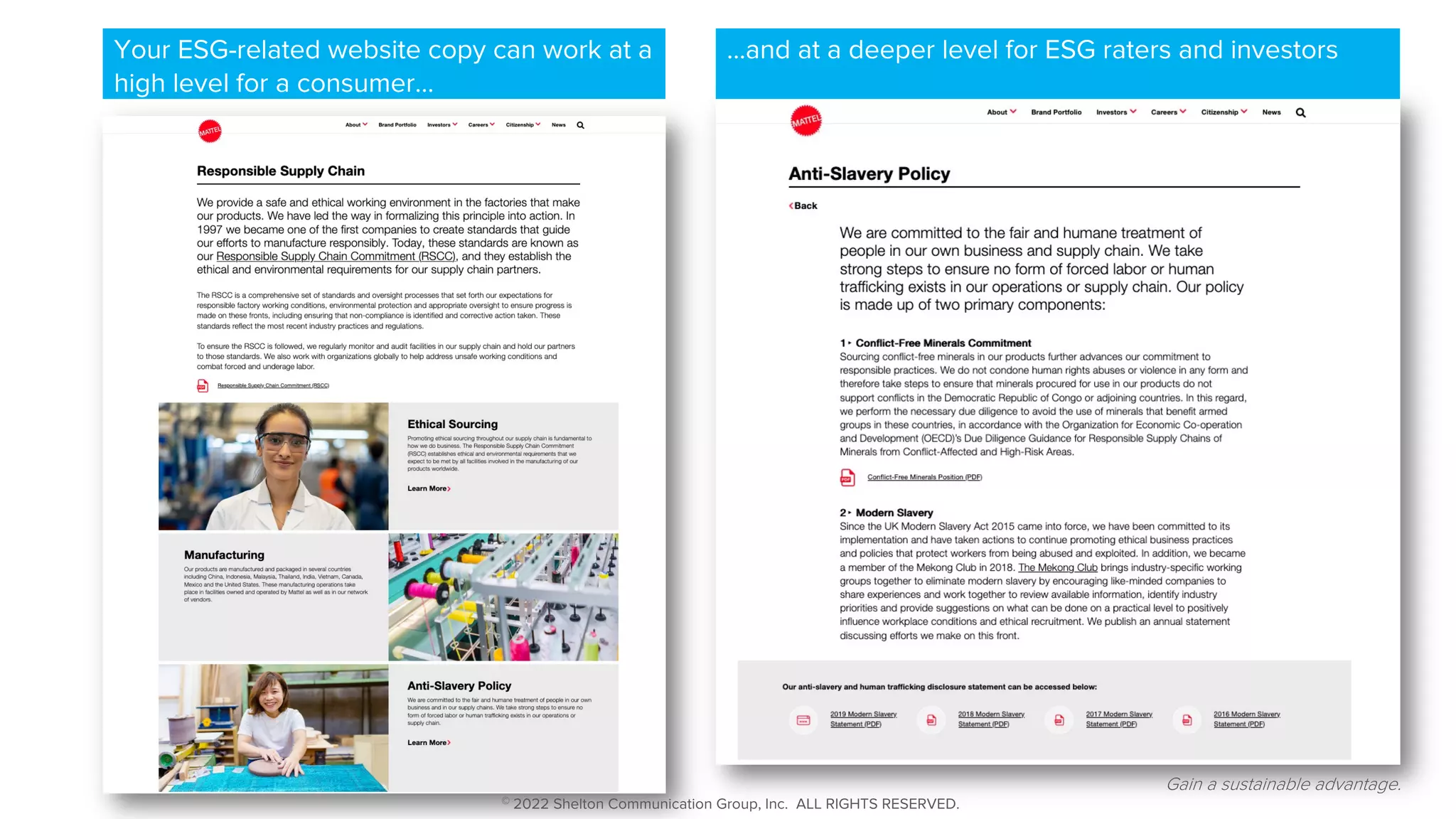 …and at a deeper level for ESG raters and investors
Your ESG-related website copy can work at a
high level for a consumer…
Gain a sustainable advantage.
© 2022 Shelton Communication Group, Inc. ALL RIGHTS RESERVED.
 