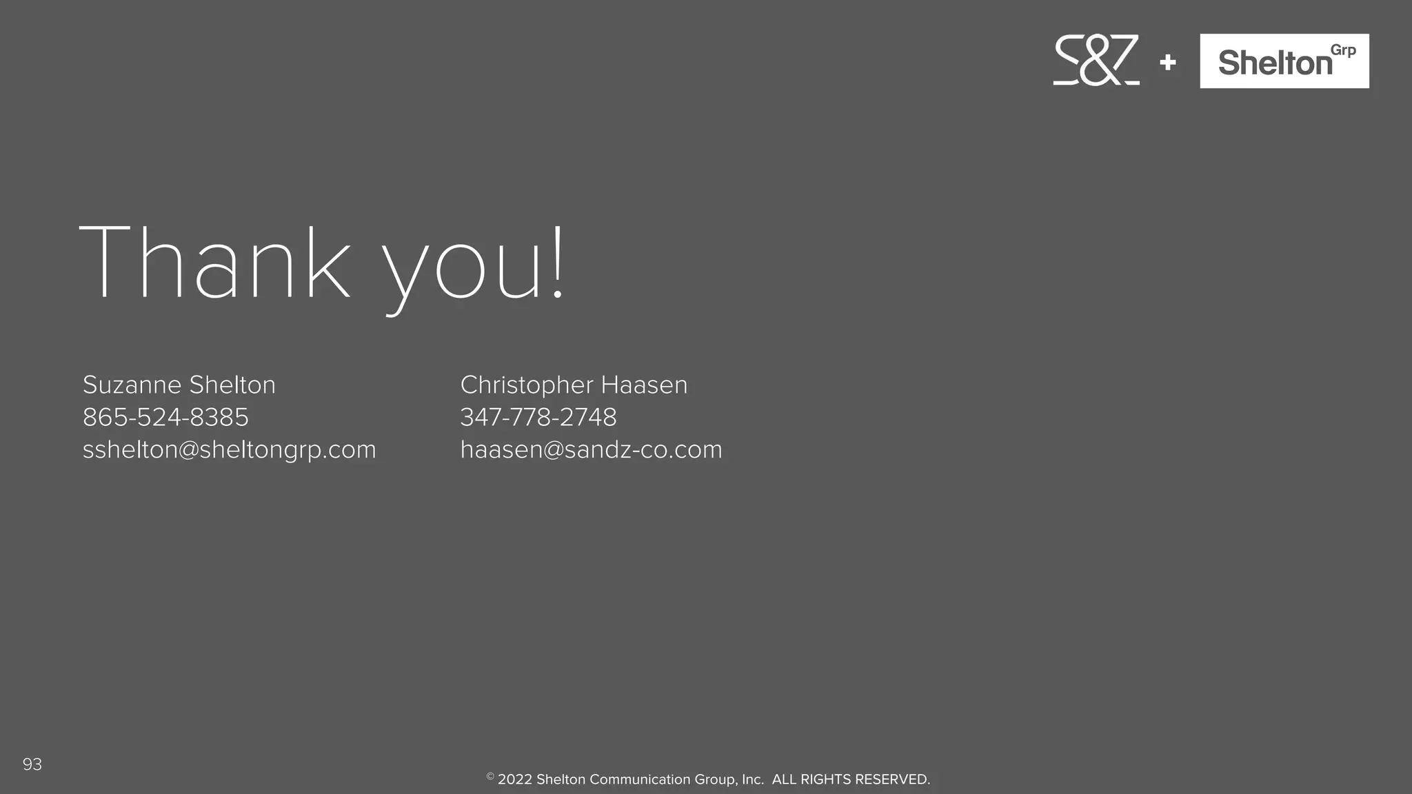 93
+
Thank you!
Suzanne Shelton
865-524-8385
sshelton@sheltongrp.com
Christopher Haasen
347-778-2748
haasen@sandz-co.com
© 2022 Shelton Communication Group, Inc. ALL RIGHTS RESERVED.
 
