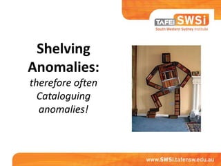 Shelving
Anomalies:
therefore often
  Cataloguing
  anomalies!
 