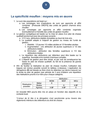 9
La spécificité mouflon : moyens mis en œuvre
1. Le suivi des populations est basé sur :
a. Les comptages lors d’opérations de suivi par approche et affût
combinés [Protocole ONCFS] des unités de gestion chamois et/ou
mouflon
b. Les comptages par approche et affût combinés organisés
éventuellement à l’échelle des unités de gestion mouflon
2. La gestion cynégétique est basée sur la mise en place d’un plan de chasse
qualitatif pluriannuel avec les principes suivants :
a. 2 X 3 ans, attributions stables révisables au bout de trois ans,
b. Le qualitatif adapté à l’objectif de gestion au niveau de l’unité de
gestion :
i. Stabilité : 1/3 jeunes 1/3 mâles adultes et 1/3 femelles adultes
ii. Augmentation : une attribution de jeunes supérieure à 1/3 des
attributions totales
iii. Diminution : attribution des femelles supérieure à 1/3 des
attributions totales
c. La répartition des attributions par détenteur peut être basée sur la
superficie favorable et le nombre d’animaux comptés.
d. L’objectif de gestion peut être révisé, et par voie de conséquence les
bases du plan de chasse qualitatif, du fait de la présence de grands
prédateurs.
4. Afin de faciliter la réalisation du plan de chasse mouflon, l’utilisation des
bagues est rendue possible suivant le tableau ci-dessous. L’application de
dérogations (D) est laissée au libre choix du détenteur qui devra s’assurer sur
la durée du plan de gestion (par période de 3 ans) d’obtenir une répartition
des réalisations proche d’un tiers pour chaque catégorie.
Attribution :
MOM MOF MOJ
Réalisation
possible :
Bélier X
Brebis X X D*
Agneau X D* X D* X
Un bracelet MOI pourra être mis en place en fonction des objectifs et du
contexte local.
*L’erreur de tir liée à la dérogation n’est sanctionnée qu’au travers des
règlements intérieurs des détenteurs du droit de chasse.
 