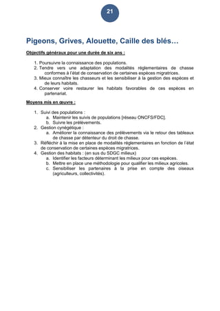 21
Pigeons, Grives, Alouette, Caille des blés…
Objectifs généraux pour une durée de six ans :
1. Poursuivre la connaissance des populations.
2. Tendre vers une adaptation des modalités réglementaires de chasse
conformes à l’état de conservation de certaines espèces migratrices.
3. Mieux connaître les chasseurs et les sensibiliser à la gestion des espèces et
de leurs habitats.
4. Conserver voire restaurer les habitats favorables de ces espèces en
partenariat.
Moyens mis en œuvre :
1. Suivi des populations :
a. Maintenir les suivis de populations [réseau ONCFS/FDC].
b. Suivre les prélèvements.
2. Gestion cynégétique :
a. Améliorer la connaissance des prélèvements via le retour des tableaux
de chasse par détenteur du droit de chasse.
3. Réfléchir à la mise en place de modalités réglementaires en fonction de l’état
de conservation de certaines espèces migratrices.
4. Gestion des habitats : (en sus du SDGC milieux)
a. Identifier les facteurs déterminant les milieux pour ces espèces.
b. Mettre en place une méthodologie pour qualifier les milieux agricoles.
c. Sensibiliser les partenaires à la prise en compte des oiseaux
(agriculteurs, collectivités).
 