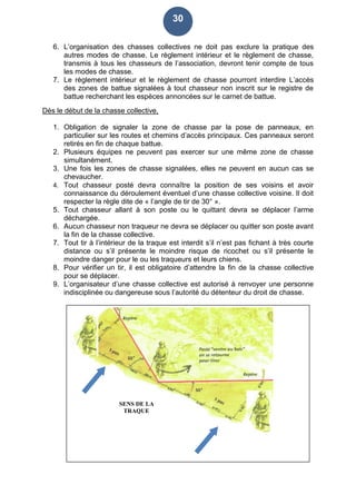 30
6. L’organisation des chasses collectives ne doit pas exclure la pratique des
autres modes de chasse. Le règlement intérieur et le règlement de chasse,
transmis à tous les chasseurs de l’association, devront tenir compte de tous
les modes de chasse.
7. Le règlement intérieur et le règlement de chasse pourront interdire L’accès
des zones de battue signalées à tout chasseur non inscrit sur le registre de
battue recherchant les espèces annoncées sur le carnet de battue.
Dès le début de la chasse collective,
1. Obligation de signaler la zone de chasse par la pose de panneaux, en
particulier sur les routes et chemins d’accès principaux. Ces panneaux seront
retirés en fin de chaque battue.
2. Plusieurs équipes ne peuvent pas exercer sur une même zone de chasse
simultanément.
3. Une fois les zones de chasse signalées, elles ne peuvent en aucun cas se
chevaucher.
4. Tout chasseur posté devra connaître la position de ses voisins et avoir
connaissance du déroulement éventuel d’une chasse collective voisine. Il doit
respecter la règle dite de « l’angle de tir de 30° ».
5. Tout chasseur allant à son poste ou le quittant devra se déplacer l’arme
déchargée.
6. Aucun chasseur non traqueur ne devra se déplacer ou quitter son poste avant
la fin de la chasse collective.
7. Tout tir à l’intérieur de la traque est interdit s’il n’est pas fichant à très courte
distance ou s’il présente le moindre risque de ricochet ou s’il présente le
moindre danger pour le ou les traqueurs et leurs chiens.
8. Pour vérifier un tir, il est obligatoire d’attendre la fin de la chasse collective
pour se déplacer.
9. L’organisateur d’une chasse collective est autorisé à renvoyer une personne
indisciplinée ou dangereuse sous l’autorité du détenteur du droit de chasse.
 