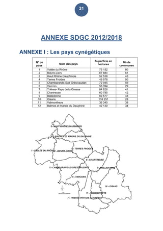 31
ANNEXE SDGC 2012/2018
ANNEXE I : Les pays cynégétiques
N° de
pays
Nom des pays
Superficie en
hectares
Nb de
communes
1 Vallée du Rhône 75 152 60
2 Bièvre-Liers 67 884 61
3 Haut Rhône Dauphinois 52 538 43
4 Terres Froides 49 978 50
5 Chambarands-Sud Grésivaudan 72 945 59
6 Vercors 56 394 29
7 Trièves- Pays de la Gresse 84 826 41
8 Chartreuse 60 785 42
9 Belledonne 69 577 48
10 Oisans 118 251 28
11 Valmontheys 36 340 38
12 Balmes et marais du Dauphiné 42 130 34
 