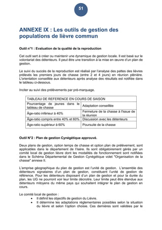 51
ANNEXE IX : Les outils de gestion des
populations de lièvre commun
Outil n°1 : Evaluation de la qualité de la reproduction
Cet outil sert à créer ou maintenir une dynamique de gestion locale. Il est basé sur le
volontariat des détenteurs. Il peut être une transition à la mise en œuvre d’un plan de
gestion.
Le suivi du succès de la reproduction est réalisé par l’analyse des pattes des lièvres
prélevés les premiers jours de chasse (entre 2 et 4 jours) en réunion plénière.
L'orientation conseillée aux détenteurs après analyse des résultats est notifiée dans
le tableau ci-dessous.
Inciter au suivi des prélèvements par pré-marquage.
Outil N°2 : Plan de gestion Cynégétique approuvé.
Deux plans de gestion, option temps de chasse et option plan de prélèvement, sont
applicables dans le département de l’Isère. Ils sont obligatoirement gérés par un
comité local de gestion lièvre dont les modalités de fonctionnement sont notifiées
dans le Schéma Départemental de Gestion Cynégétique volet "Organisation de la
chasse" annexe II.
L’emprise géographique du plan de gestion est l’unité de gestion. L’ensemble des
détenteurs signataires d’un plan de gestion, constituent l’unité de gestion de
référence. Pour les détenteurs disposant d’un plan de gestion et pour la durée du
plan, les UG ne pourront voir leur limite décroitre. Leur limite peut être étendue aux
détenteurs mitoyens du même pays qui souhaitent intégrer le plan de gestion en
cours.
Le comité local de gestion :
 Il définit les objectifs de gestion du Lièvre.
 Il détermine les adaptations réglementaires possibles selon la situation
du lièvre et selon l’option choisie. Ces dernières sont validées par le
TABLEAU DE REFERENCE EN COURS DE SAISON
Pourcentage de jeunes dans le
tableau de chasse
Adaptation conseillée
Âge-ratio inférieur à 40%
Fermeture de la chasse à l'issue de
la réunion
Âge-ratio compris entre 40% et 60% Discussion avec les détenteurs
Âge-ratio supérieur à 60% Poursuite de la chasse
 