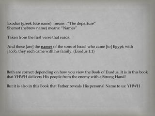 Exodus (greek lxxe name) means : “The departure”
Shemot (hebrew name) means: “Names”

Taken from the first verse that reads:

And these [are] the names of the sons of Israel who came [to] Egypt; with
Jacob, they each came with his family. (Exodus 1:1)




Both are correct depending on how you view the Book of Exodus. It is in this book
that YHWH delivers His people from the enemy with a Strong Hand!

But it is also in this Book that Father reveals His personal Name to us: YHWH
 