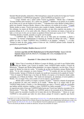 llamado Massah [prueba, tentación] y Merivah [pelea] a causa de la pelea de los hijos de Yisra'el
y porque probaron a YAHWEH por preguntar: "¿Está YAHWEH con nosotros o no?"
8
Luego Amalek vino y peleó contra Yisra'el en Refidim. 9 Moshe dijo a Yahoshúa:
"Escoge hombres para nosotros, sal, y pelea con Amalek[76]. Mañana yo me pararé en la cumbre
de la colina con la vara de Elohim en mi mano." 10 Yahoshúa hizo como Moshe le había dicho y
peleó con Amalek. Entonces Moshe, Aharon y Hur subieron a la cumbre de la colina. 11 Cuando
Moshe alzaba su mano, Yisra'el prevalecía; pero cuando la bajaba, Amalek prevalecía.[Sal 56:9] 12
Sin embargo, las manos de Moshe se pusieron pesadas; así que ellos cogieron una piedra y la
pusieron debajo de él, y él se sentó sobre ella. Aharon y Hur sostenían sus manos, el uno por un
lado y el otro por el otro; así sus manos se quedaron firmes hasta que se puso el sol. 13 Por tanto,
Yahoshúa derrotó a Amalek, pasando a su gente por la espada.
14
YAHWEH dijo a Moshe: "Escribe esto en un libro para ser recordado, y díselo a
Yahoshúa: Yo borraré completamente la memoria de Amalek de debajo del cielo." 15 Moshe
edificó un altar, lo llamó YAHWEH Nissi [YAHWEH es mi bandera / milagro], 16 y él dijo:
"Porque la mano de ellos estaba contra el trono de Yah, YAHWEH peleará contra Amalek de
generación en generación."[Sal 68:4]
Haftarah B'shallaj: Shoftim (Jueces) 4:4-5:31
Lecturas sugeridas del Brit Hadashah para la Parashah B'shallaj: Lucas 2:22-24;
Yojanán (Juan) 6:25-35; 19:31-37; 1 Corintios 10: 1-13; 2 Corintios 8:1-15;
Revelación: 1:4
Parashah 17: Yitro (Jetró) 18:1-20:23(26)

18

1

Ahora Yitro el sacerdote de Midyan el suegro de Moshe, oyó todo lo que Elohim había
hecho por Moshe y por Yisra'el su pueblo, como YAHWEH había sacado a Yisra'el de
Mitzrayim. 2 Después que Moshe había despedido a su esposa Zipporah y sus dos hijos, Yitro el
suegro de Moshe los tomó de vuelta. 3 El nombre de un hijo era Gershom, porque Moshe había
dicho: "Yo he sido extranjero en tierra foránea."[Hch 7:29] 4 El nombre del otro era Eliezer [Mi
Elohim ayuda], "porque el Elohim de mi padre me ayudó por rescatarme de la espada de Faraón."
5
Yitro el suegro de Moshe trajo a los hijos de Moshe y la esposa a él al desierto donde estaba
acampado, en el Monte de Elohim. 6 Por medio de mensajeros, de antemano, él envió palabra a
Moshe: "Yo, tu suegro Yitro, estoy yendo a ti con tu esposa y sus dos hijos."
7
Moshe salió a recibir a su suegro, se postró y lo besó.[77] Entonces, después de preguntar
por el bienestar de cada cual, entraron en la tienda. 8 Moshe dijo a su suegro todo lo que
YAHWEH había hecho a Faraón y a los Mitzrayimim por amor a Yisra'el, todas las vicisitudes
que habían sufrido mientras viajaban y cómo YAHWEH los había rescatado.[Sal 105:1; 145:4] 9 Yitro
se regocijó por todo el bien que YAHWEH había hecho por Yisra'el por haberlos rescatado de los
Mitzrayimim. 10 Yitro dijo: "Bendito sea YAHWEH, quien te ha rescatado de los Mitzrayimim y
Faraón, quien ha rescatado al pueblo de la mano dura de los Mitzrayimim. 11 Ahora yo sé que
YAHWEH es más grande que todos los otros dioses, porque El rescató a aquellos que fueron
76

Morador en un valle, el hijo de Elifaz y nieto de Esav Ge 36:12 1Cr 1:36, jefe de una tribu de los hijos de Esav (Edom), Ge
36:16. Amalek siendo hijo (nieto) de Evav (Edom), Roma (la Gran Ramera), será completamente destruida por su odio a los
hijos de Yisra'el. Re 14:9; 16:19; 18:2; 10, 21. El rey Shaúl de Yisra'el los aplastó pero no completamente. [He 2:10; 7:25]
77
Esto no fue hecho por Moshe en sentido de adoración, sino por una costumbre de respeto.

 