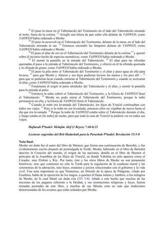 22

El puso la mesa en el Tabernáculo del Testimonio en el lado del Tabernáculo mirando
al norte, fuera de la cortina. 23 Arregló una hilera de pan sobre ella delante de YAHWEH, como
YAHWEH había ordenado a Moshe.
24
El puso la menorah en el Tabernáculo del Testimonio, delante de la mesa, en el lado del
Tabernáculo mirando al sur. 25 Entonces encendió las lámparas delante de YAHWEH, como
YAHWEH había ordenado a Moshe.
26
El puso el altar de oro en el Tabernáculo del Testimonio delante de la cortina 27 y quemó
sobre él incienso hecho de especias aromáticas, como YAHWEH había ordenado a Moshe.
28
El montó la pantalla en la entrada del Tabernáculo. 29 El altar para las ofrendas
quemadas él puso a la entrada al Tabernáculo del Testimonio, y ofreció en él la ofrenda quemada
y la ofrenda de grano, como YAHWEH había ordenado a Moshe.
30
El puso la pila entre el Tabernáculo del Testimonio y el altar y puso agua en ella para
31
lavarse, para que Moshe y Aharon y sus hijos pudieran lavarse las manos y los pies allí – 32
para que se pudieran lavar cuando entraran al Tabernáculo del Testimonio y cuando se acercaran
al altar, como YAHWEH había ordenado a Moshe.
33
Finalmente él erigió al patio alrededor del Tabernáculo y el altar, y montó la pantalla
para la entrada al patio.
34
Entonces la nube cubrió el Tabernáculo del Testimonio, y la Gloria de YAHWEH llenó
el Tabernáculo. 35 Moshe no pudo entrar al Tabernáculo del Testimonio, porque la nube
permaneció en ella, y la Gloria de YAHWEH llenó el Tabernáculo.
36
Cuando la nube era levantada del Tabernáculo, los hijos de Yisra'el continuaban con
todos sus viajes. 37 Pero si la nube no era levantada, entonces ellos no viajaban de nuevo hasta el
día que era levantada. 38 Porque la nube de YAHWEH estaba sobre el Tabernáculo durante el día,
y fuego estaba en [la nube] de noche, para que toda la casa de Yisra'el la pudiera ver en todos sus
viajes.
Haftarah P'kudei: Melajim Alef (1 Reyes) 7:40-8:21
Lecturas sugeridas del Brit Hadashah para la Parashah P'kudei: Revelación 15:5-8
Nota final:
Moshe sin duda fue el autor del libro de Shemot, que forma una continuación de Bereshit, y fue
evidentemente escrito después de promulgada la Toráh. Moshe, habiendo en el libro de Bereshit
descrito la Creación del mundo, el origen de las naciones, detalla en el libro de Shemot el
principio de la Asamblea de los Hijos de Yisra'el, en donde Yahshúa no sólo aparece como el
Creador, sino Elohim y Rey. Por tanto, éste y los otros libros de Moshe no son puramente
históricos; sino que contienen no sólo la Toráh para la regulación de la conducta moral y las
ceremonias de la adoración, sino leyes, estatutos y juicios relacionados con el gobierno y la vida
civil. Una nota importante es que Numenius, un filósofo de la época de Pitágoras, citado por
Eusebius, habla de la oposición de los magos, a quienes él llama Jannes y Jambres, a los milagros
de Moshe, de lo cual Shaúl sin duda cita (2Ti 3:8). Añade a este hecho que muchas de las
nociones de los paganos referente a la Deidad, y sus instituciones religiosas y leyes, fueron
tomadas prestadas de este libro, y muchas de sus fábulas eran no más que tradiciones
distorsionadas de los eventos que están relatados por Moshe.

 