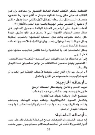 ‫كان‬ ‫وإن‬ ،‫مقاالته‬ ‫بني‬ ‫العضوي‬ ‫الترابط‬ ‫انعدام‬ ‫الكتاب‬ ‫بشكل‬ ‫املتعلقة‬
‫لشعوره‬ ‫رمبا‬ ،‫عنها‬ ‫أقلع‬ ‫ما‬ ‫سرعان‬ ،‫لفظية‬ ‫روابط‬ ‫خلق‬ ‫حاول‬ ‫قد‬ ‫الكاتب‬
‫«وكان‬ :‫يقول‬ ‫حيث‬ ‫بالثاني‬ ‫األول‬ ‫للمقال‬ ‫ربطه‬ ‫ذلك‬ ‫ومثال‬ ،‫ذلك‬ ‫بتعسف‬
.12»‫واألطالل‬ ‫الدمن‬ ‫حارة‬ ‫قاصدا‬ ‫الهوينا‬ ‫ميشى‬ ‫الضحى‬ ‫رأد‬ ‫دخلها‬ ‫أن‬
‫فإن‬ ،‫األسلوب‬ ‫بتجميل‬ ‫البالغة‬ ‫العناية‬ ‫من‬ ‫الرغم‬ ‫على‬ :‫لغوية‬ ‫أخطاء‬
‫مهما‬ ،‫بشري‬ ‫قلم‬ ‫منها‬ ‫يسلم‬ ‫ال‬ ‫التي‬ ‫اللغوية‬ ‫الهفوات‬ ‫بعض‬ ‫هناك‬
)‫(ساترة‬ ‫والصواب‬ )‫أطماعها‬ ‫(مسترة‬ :‫مثل‬ ‫وذلك‬ ‫للقواعد‬ ‫إدراكه‬ ‫كان‬
‫للعطف‬ ‫مسوغ‬ ‫فال‬ )‫التراب‬ ‫وواريتها‬ ...‫وأدت‬ ‫(وإنى‬ )‫(مالح‬ ‫املاء‬ ‫(فهذا‬ ‫ومثل‬
.‫شيئان‬ ‫وكأنهما‬ ‫بينهما‬
‫جلزم‬ ‫حذفها‬ ‫يجب‬ ‫هنا‬ ‫فالنون‬ )‫هـ‬ )‫(ن‬ ‫تقاطعوا‬ ‫وال‬ ..‫له‬ ‫(فاستمعوا‬ ‫ومثل‬
.‫النهي‬ ‫فعل‬
.‫البعض‬ ‫عند‬ »‫«شكلية‬ ‫أصبحت‬ ‫التي‬ ‫الهنات‬ ‫هذه‬ ‫من‬ ‫هناك‬ ‫ما‬ ‫آخر‬ ‫إلى‬
‫(الرجل‬ :‫هما‬ ‫أساسيتني‬ ‫نواتني‬ ‫من‬ ‫الكتاب‬ ‫هذا‬ ‫مضمون‬ ‫ينبثق‬ :‫2.املضمون‬
.)‫واملدينة‬
‫أن‬ ‫الكتاب‬ ‫في‬ ‫املتناثرة‬ ‫ألوصافه‬ ‫بتتبعنا‬ ‫ميكن‬ ‫الذي‬ )‫(زارا‬ ‫هو‬ :‫الرجل‬ ‫ـ‬ ‫أ‬
.‫والداخل‬ ‫اخلارج‬ ‫من‬ ‫شخصيته‬ ‫بناء‬ ‫تركيب‬ ‫نعيد‬
:‫اخلارجية‬ ‫أوصافه‬ ‫ـ‬
‫الرامح‬ ‫السماك‬ ‫مثل‬ ‫وعينه‬ ‫واملالمح‬ ‫االسم‬ ‫غريب‬
‫يخطب‬ ‫إذ‬ ‫فمه‬ ‫عن‬ ‫مكشر‬ ‫محدودب‬ ‫ظهره‬ ‫طويل‬
‫زارا‬ ‫كالم‬ ‫هذا‬ ‫بقوله‬ ‫والوقارا‬ ‫اجلالل‬ ‫يصطنع‬
‫وعمامته‬ ،‫البيضاء‬ ‫حليته‬ ‫بإضافة‬ ‫الكاريكاتيرية‬ ‫الصورة‬ ‫وتكتمل‬
‫وكوخه‬ ‫اخلشبية‬ ‫وألواحه‬ ،‫الصفراء‬ ‫وكتبه‬ ‫ومسبحته‬ ‫الزرقاء‬ ‫وقلنسوته‬
.‫الرخيم‬ ‫اجلهوري‬ ‫وصوته‬
:‫الداخلية‬ ‫أوصافه‬ ‫ـ‬
‫سبر‬ ‫على‬ ‫قادر‬ ،‫احلقيقة‬ ‫قول‬ ‫في‬ ‫صريح‬ ،‫الضعفاء‬ ‫وأبو‬ ‫احلقيقة‬ ‫صوت‬ ‫إنه‬
‫متعدد‬ ‫عربي‬ ،‫جوال‬ ‫مسافر‬ ،‫الئم‬ ‫لومة‬ ‫أحكامه‬ ‫في‬ ‫تأخذه‬ ‫وال‬ ‫النفس‬ ‫أغوار‬
35
 