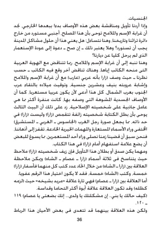 .‫اجلنسيات‬
‫جند‬ ،‫اخلارجي‬ ‫ببعدها‬ ‫بدءا‬ ‫األوصاف‬ ‫هذه‬ ‫بعض‬ ‫ومناقشة‬ ‫تأويل‬ ‫أردنا‬ ‫وإذا‬
‫خارج‬ ‫من‬ ‫مستورد‬ ‫أجنبي‬ ،‫املصلح‬ ‫هذا‬ ‫بأن‬ ‫توحى‬ ‫واملالمح‬ ‫اإلسم‬ ‫غرابة‬ ‫أن‬
‫املدينة‬ ‫مشاكل‬ ‫حلول‬ ‫أن‬ ‫هذا‬ ‫يعني‬ ‫هل‬ :‫نتساءل‬ ‫وهنا‬ ،‫وتاريخنا‬ ‫تراثنا‬ ‫دائرة‬
‫اإلستعمار‬ ‫عودة‬ ‫إلى‬ ‫دعوة‬ ‫ـ‬ ‫صح‬ ‫إن‬ ‫ـ‬ ‫ذلك‬ ‫يعتبر‬ ‫وهال‬ ‫تستورد؟‬ ‫أن‬ ‫يجب‬
‫ديارنا؟‬ ‫عن‬ ‫كليا‬ ‫يرحل‬ ‫لم‬ ‫الذى‬
‫العربية‬ ‫الهوية‬ ‫مع‬ ‫تتناقض‬ ‫رمبا‬ ،‫واملالمح‬ ‫اإلسم‬ ‫غرابة‬ ‫أن‬ ‫إلى‬ ‫ننبه‬ ‫وهنا‬
‫حسب‬ ‫ـ‬ ‫الكاتب‬ ‫فيه‬ ‫وقع‬ ‫آخر‬ ‫تناقض‬ ‫وهناك‬ ،‫إياها‬ ‫الكاتب‬ ‫منحه‬ ‫التى‬
‫واملالمح‬ ‫اإلسم‬ ‫غرابة‬ ‫أن‬ ‫مع‬ )‫(عارب‬ ‫عربي‬ ‫بأنه‬ ‫(زارا‬ ‫وصف‬ ‫حيث‬ ‫ـ‬ ‫نظرنا‬
‫عرب‬ ‫بالتقاء‬ ‫ميالده‬ ‫وتوقيت‬ ،‫جنسية‬ ‫وعشرين‬ ‫بنيف‬ ‫عروبته‬ ‫وإشابة‬
‫أن‬ ‫كما‬ ،‫مستعربا‬ ‫عربيا‬ ‫يكون‬ ‫ألن‬ ‫أدعى‬ ‫هذا‬ ‫كل‬ ،‫الشمال‬ ‫بعرب‬ ‫اجلنوب‬
‫هي‬ ‫مما‬ ‫أكثر‬ ‫منفرة‬ ‫كانت‬ ،‫بها‬ ‫وصفه‬ ‫التى‬ ‫املشوهة‬ ‫اجلسدية‬ ‫األوصاف‬
‫الثالث‬ ‫البيت‬ ‫أن‬ ‫ذلك‬ ‫على‬ ‫زد‬ ،‫اإلصالحية‬ ‫شخصيته‬ ‫على‬ ‫جاذبية‬ ‫عامل‬
‫في‬ )‫(زارا‬ ‫وليست‬ )‫(زارا‬ ‫تتقمص‬ ‫زائفة‬ ‫شخصيته‬ ‫الكتابة‬ ‫بطل‬ ‫بأن‬ ‫يوحى‬
)‫املستشرق‬ ‫ـ‬ ‫الغربي‬ ‫ـ‬ ‫(اجلاسوس‬ ‫الغرب‬ ‫رجل‬ ‫صورة‬ ‫يجعل‬ ‫مما‬ ،‫ذاته‬ ‫حد‬
،‫أذهاننا‬ ‫إلى‬ ‫تقفز‬ ،‫اخلادعة‬ ‫اخليرية‬ ‫واملهمات‬ ‫املستعارة‬ ‫األسماء‬ ‫وراء‬ ‫اخملتفى‬
‫للبعض‬‫يسوغ‬‫مما‬،‫املستعمرين‬‫أحد‬‫وراء‬‫نصلى‬‫زمنا‬‫قضينا‬‫أن‬‫سبق‬‫فنحن‬
.‫الكتاب‬ ‫هذا‬ ‫في‬ )‫(زارا‬ ‫أمام‬ ‫استفهام‬ ‫عالمة‬ ‫يضع‬ ‫أن‬
‫مالحظ‬ )‫(زارا‬ ‫شخصيته‬ ‫زيف‬ ‫فإن‬ ‫التأويل‬ ‫هذا‬ ‫بطالن‬ ‫أو‬ ‫صدق‬ ‫يكن‬ ‫ومهما‬
‫مالحظة‬ ‫وميكن‬ )‫الشاه‬ ‫ـ‬ ‫عصام‬ ‫ـ‬ ‫(زارا‬ ‫أسماء‬ ‫ثالثة‬ ‫فى‬ ‫يتناسخ‬ ‫حيث‬
)‫(زارا‬ ‫فأسفار‬ ‫منهما‬ ‫كل‬ ‫كتب‬ ‫عدد‬ ‫احتاد‬ ‫خالل‬ ‫من‬ )‫الشاه‬ ‫ـ‬ ‫(زارا‬ ‫بني‬ ‫العالقة‬
.‫عفويا‬ ‫الرقم‬ ‫هذا‬ ‫اختيار‬ ‫يكون‬ ‫ال‬ ‫فقد‬ ،‫خمسة‬ )‫(الشاه‬ ‫وكتب‬ ،‫خمسة‬
‫(لزمه‬ ‫حيث‬ »‫بشيخه‬ ‫«مريد‬ ‫عالقة‬ ‫تارة‬ ‫فهي‬ )‫عصام‬ ‫ـ‬ ‫(زارا‬ ‫بني‬ ‫العالقة‬ ‫أما‬
.‫وقداسة‬ ‫التحاما‬ ‫أكثر‬ ‫أبوة‬ ‫عالقة‬ ‫العالقة‬ ‫تكون‬ ‫وقد‬ )‫كظله‬
119 )‫عصام‬ ‫يا‬ ‫بضعتى‬ ‫إنك‬ ...‫ولدى‬ ‫يا‬ ‫مشكلتك‬ ‫إن‬ ..‫بني‬ ‫يا‬ ‫حالك‬ ‫(كيف‬
.120 ‫ـ‬
‫الرباط‬ ‫هذا‬ ‫األحيان‬ ‫بعض‬ ‫فى‬ ‫تتعدى‬ ‫قد‬ ‫بينهما‬ ‫العالقة‬ ‫هذه‬ ‫ولكن‬
36
 