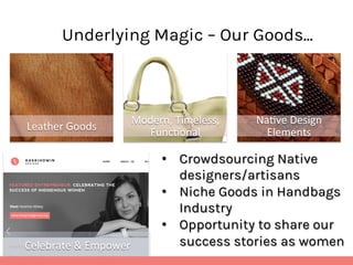 Underlying Magic – Our Goods...

Leather	
  Goods	
  

Modern,	
  Timeless,	
  
FuncPonal	
  

Celebrate	
  &	
  Empower	
  

NaPve	
  Design	
  
Elements	
  

•  Crowdsourcing Native
designers/artisans
•  Niche Goods in Handbags
Industry
•  Opportunity to share our
success stories as women

 