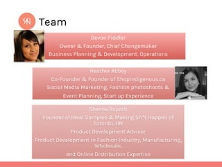 Team
Devon Fiddler
Owner & Founder, Chief Changemaker
Business Planning & Development, Operations
Heather Abbey
Co-Founder & Founder of Shopindigenous.ca
Social Media Marketing, Fashion photoshoots &
Event Planning, Start up Experience
Sheena Repath
Founder of Ideal Samples & Making Sh*t Happen of
Toronto, ON
Product Development Advisor
Product Development in Fashion Industry, Manufacturing,
Wholesale,
and Online Distribution Expertise

 