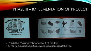 PHASE III – IMPLEMENTATION OF PROJECT
• This is the “Passport” handed out at the fair.
• Over 12 countries/Cultures were represented at the fair.
 
