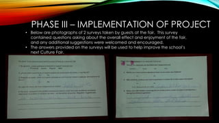 PHASE III – IMPLEMENTATION OF PROJECT
• Below are photographs of 2 surveys taken by guests at the fair. This survey
contained questions asking about the overall effect and enjoyment of the fair,
and any additional suggestions were welcomed and encouraged.
• The answers provided on the surveys will be used to help improve the school’s
next Culture Fair.
 