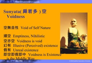 佛教的教理 Sunyata( 舜若多 ) 空 Voidness 空無自性  Void of Self Nature 頑空  Emptiness, Nihilistic 空亦空  Voidness is void 幻有  Illusive (Perceived) existence 假有  Unreal existence 即空即假即中  Voidness is Existence is the Middle Way 