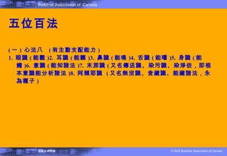 五位百法 ( 一 )  心法八   ( 有主動支配能力 ) 1.  眼識 ( 能觀 )2.  耳識 ( 能聽 )3.  鼻識 ( 能嗅 )4.  舌識 ( 能嚐 )5.  身識 ( 能觸 )6.  意識 ( 能知諸法 )7.  末那識 ( 又名傳送識、染污識、染淨依，即根本意識能分析諸法 )8.  阿賴耶識  ( 又名無沒識、含藏識、能藏諸法，永為種子 ) 