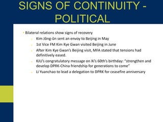 • Bilateral relations show signs of recovery
o Kim Jŏng-ŭn sent an envoy to Beijing in May
o 1st Vice FM Kim Kye Gwan visited Beijing in June
o After Kim Kye Gwan’s Beijing visit, MFA stated that tensions had
definitively eased.
o KJU’s congratulatory message on Xi’s 60th’s birthday: “strengthen and
develop DPRK-China friendship for generations to come”
o Li Yuanchao to lead a delegation to DPRK for ceasefire anniversary
SIGNS OF CONTINUITY -
POLITICAL
 