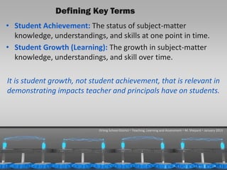Defining Key Terms
• Student Achievement: The status of subject-matter
  knowledge, understandings, and skills at one point in time.
• Student Growth (Learning): The growth in subject-matter
  knowledge, understandings, and skill over time.

It is student growth, not student achievement, that is relevant in
demonstrating impacts teacher and principals have on students.



                            Orting School District  Teaching, Learning and Assessment  M. Shepard  January 2013




  1/31/2013                                                                                             44
 