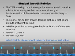 Student Growth Rubrics
• The TPEP steering committee organizations approved statewide
  rubrics for student growth to ensure consistency in
  implementation of the evaluation system across Washington
  State.
• The rubrics for student growth describe both goal-setting and
  outputs of student learning.
• OSPI has provided student growth rubrics for each of the three
  criterion
 Teachers – 3, 6 and 8
 Principals – 3, 5 and 8

  Note: 3/5 of the student growth rubrics for teachers are goal setting.
                                Orting School District  Teaching, Learning and Assessment  M. Shepard  January 2013




 1/31/2013                                                                                                 45
 