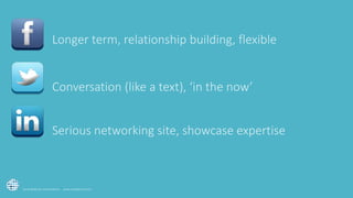 Longer term, relationship building, flexible 
Conversation (like a text), ‘in the now’ 
Serious networking site, showcase expertise 
Social Media for Small Business www.socialforsme.com 
 