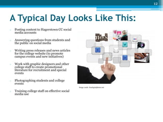 12

A Typical Day Looks Like This:
o

Posting content to Hagerstown CC social
media accounts

o

Answering questions from students and
the public on social media

o

Writing press releases and news articles
for the college website (to promote
campus events and new initiatives)

o

Work with graphic designers and other
college staff to create promotional
literature for recruitment and special
events

o

Photographing students and college
events
Image credit: freedigitalphotos.net

o

Training college staff on effective social
media use

 