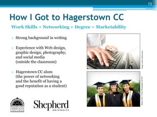 13

How I Got to Hagerstown CC
Work Skills + Networking + Degree = Marketability

o Hagerstown CC alum
(the power of networking
and the benefit of having a
good reputation as a student)

Image credit: Turner Photography & HCC

o Experience with Web design,
graphic design, photography,
and social media
(outside the classroom)

Image credit: shutterstock

o Strong background in writing

 