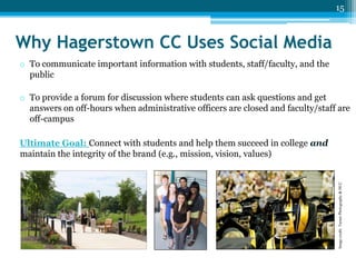 15

Why Hagerstown CC Uses Social Media
o To communicate important information with students, staff/faculty, and the
public
o To provide a forum for discussion where students can ask questions and get
answers on off-hours when administrative officers are closed and faculty/staff are
off-campus

???

Image credit: Turner Photography & HCC

Ultimate Goal: Connect with students and help them succeed in college and
maintain the integrity of the brand (e.g., mission, vision, values)

 