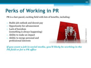 25

Perks of Working in PR
o Stable job outlook and decent pay
o Opportunity for advancement
o Lack of boredom
(something is always happening)
o Ability to make an impact
o Ability to merge personal and
professional interests
If you want a job in social media, you’ll likely be working in the
PR field or for a PR office

Image credit: freedigitalphotos.net

PR is a fast-paced, exciting field with lots of benefits, including:

 