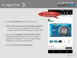 In-App Chat
 Create Chat Rooms for Real time Chat
 Chat with your Users to provide support
E.g. If a User is on a page for more than 30
seconds, send him a Chat Pop-up to offer help.
 You can also enable Chat between Users –
Facebook Friends, Buddy Circles or similar-
preference Customers – who can discuss their
experiences or queries on Products
 Enhance Customer Experience
Hi, this is Rishabh.
How may I help you?
 
