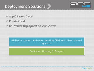 Deployment Solutions
 App42 Shared Cloud
 Private Cloud
 On-Premise Deployment on your Servers
Ability to connect with your existing CRM and other internal
systems
Dedicated Hosting & Support
 