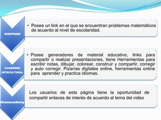 • Posee un link en el que se encuentran problemas matemáticos
                 de acuerdo al nivel de escolaridad.
 SHEPPARD




               • Posee generadores de material educativo, links para
                 compartir o realizar presentaciones, tiene Herramientas para
                 escribir notas, dibujar, colorear, construir y compartir, corregir
 CUADERNO        y auto corregir. Pizarras digitales online, herramientas online
INTECULTURAL
                 para aprender y practica idiomas.



                Los usuarios de esta página tiene la oportunidad de
                compartir enlaces de interés de acuerdo al tema del video
khanacademy
 