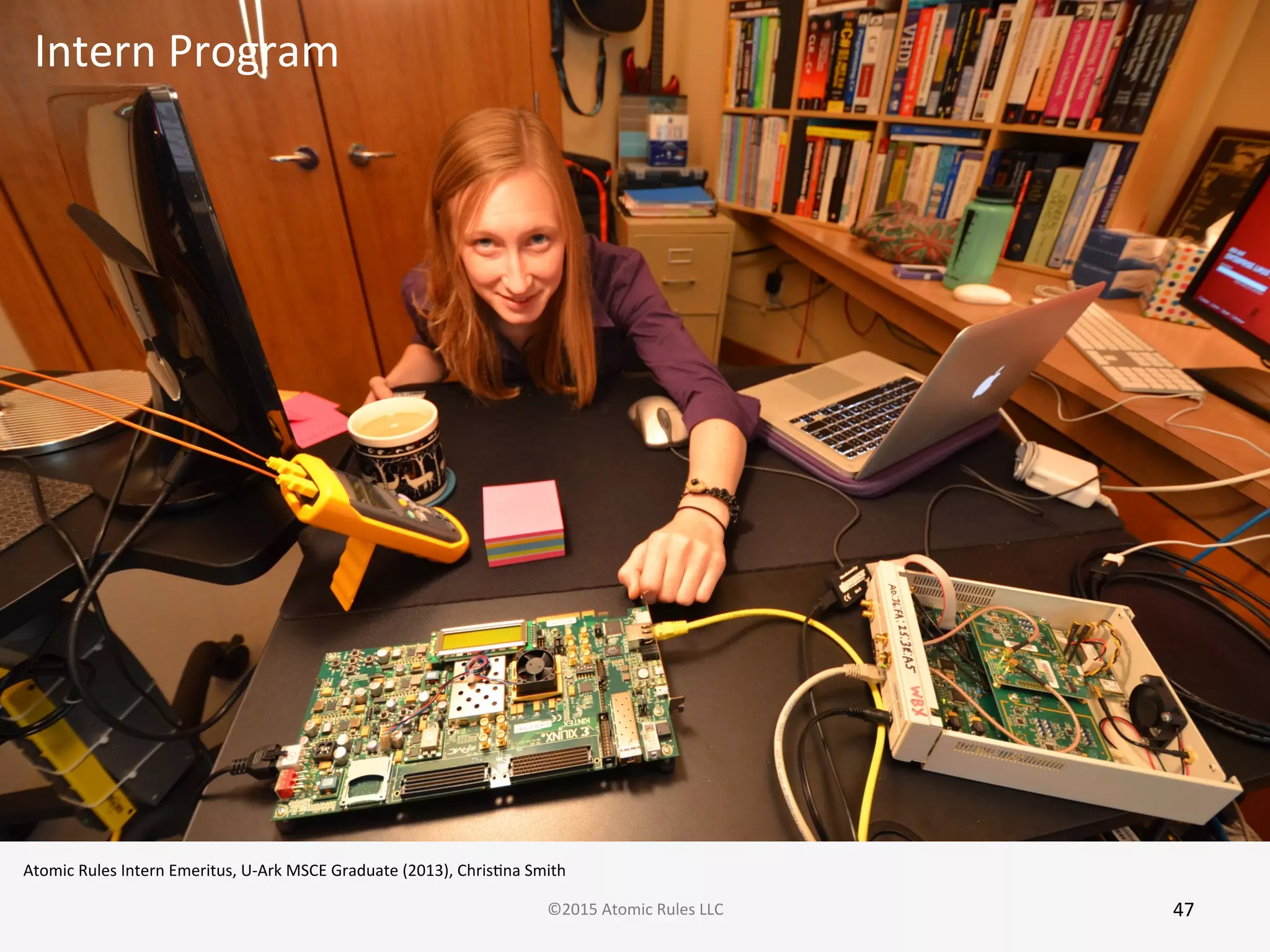 47	
  ©2015	
  Atomic	
  Rules	
  LLC	
  
Intern	
  Program	
  
Atomic	
  Rules	
  Intern	
  Emeritus,	
  U-­‐Ark	
  MSCE	
  Graduate	
  (2013),	
  ChrisGna	
  Smith	
  
 