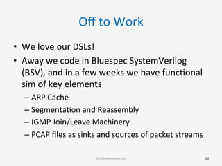 Oﬀ	
  to	
  Work	
  
•  We	
  love	
  our	
  DSLs!	
  
•  Away	
  we	
  code	
  in	
  Bluespec	
  SystemVerilog	
  
(BSV),	
  and	
  in	
  a	
  few	
  weeks	
  we	
  have	
  funcGonal	
  
sim	
  of	
  key	
  elements	
  
– ARP	
  Cache	
  
– SegmentaGon	
  and	
  Reassembly	
  
– IGMP	
  Join/Leave	
  Machinery	
  
– PCAP	
  ﬁles	
  as	
  sinks	
  and	
  sources	
  of	
  packet	
  streams	
  
19	
  ©2015	
  Atomic	
  Rules	
  LLC	
  
 