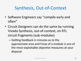 Synthesis,	
  Out-­‐of-­‐Context	
  
•  Sooware	
  Engineers	
  say	
  “compile	
  early	
  and	
  
ooen”	
  
•  Circuit	
  Designers	
  can	
  do	
  the	
  same	
  by	
  running	
  
Vivado	
  Synthesis,	
  out-­‐of-­‐context,	
  on	
  RTL	
  
circuit	
  fragments	
  (sub-­‐modules)	
  
– Ge[ng	
  feedback	
  in	
  minutes	
  as	
  to	
  the	
  
approximate	
  area	
  and	
  Fmax	
  of	
  a	
  module	
  is	
  one	
  of	
  
the	
  most-­‐exploitable	
  objecGve	
  measures	
  at	
  your	
  
disposal	
  
23	
  ©2015	
  Atomic	
  Rules	
  LLC	
  
 