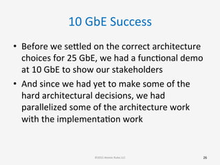 10	
  GbE	
  Success	
  
•  Before	
  we	
  sebled	
  on	
  the	
  correct	
  architecture	
  
choices	
  for	
  25	
  GbE,	
  we	
  had	
  a	
  funcGonal	
  demo	
  
at	
  10	
  GbE	
  to	
  show	
  our	
  stakeholders	
  
•  And	
  since	
  we	
  had	
  yet	
  to	
  make	
  some	
  of	
  the	
  
hard	
  architectural	
  decisions,	
  we	
  had	
  
parallelized	
  some	
  of	
  the	
  architecture	
  work	
  
with	
  the	
  implementaGon	
  work	
  
	
   26	
  ©2015	
  Atomic	
  Rules	
  LLC	
  
 