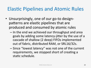 ElasGc	
  Pipelines	
  and	
  Atomic	
  Rules	
  
•  Unsurprisingly,	
  one	
  of	
  our	
  go-­‐to	
  design-­‐
paberns	
  are	
  elasGc	
  pipelines	
  that	
  are	
  
produced	
  and	
  consumed	
  by	
  atomic	
  rules	
  
– In	
  the	
  end	
  we	
  achieved	
  our	
  throughput	
  and	
  area	
  
goals	
  by	
  adding	
  some	
  latency-­‐jiber	
  by	
  the	
  use	
  of	
  a	
  
cascade	
  of	
  shallow	
  (2	
  deep)	
  FIFOs	
  implemented	
  
out	
  of	
  fabric,	
  distributed	
  RAM,	
  or	
  SRL16/32s.	
  
– Since	
  “lowest	
  latency”	
  was	
  not	
  one	
  of	
  the	
  current	
  
requirements,	
  we	
  stopped	
  short	
  of	
  creaGng	
  a	
  
staGc	
  schedule.	
  
	
   29	
  ©2015	
  Atomic	
  Rules	
  LLC	
  
 