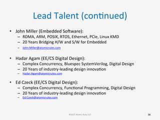Lead	
  Talent	
  (conGnued)	
  
•  John	
  Miller	
  (Embedded	
  Sooware):	
  
–  RDMA,	
  ARM,	
  POSIX,	
  RTOS,	
  Ethernet,	
  PCIe,	
  Linux	
  KMD	
  
–  20	
  Years	
  Bridging	
  H/W	
  and	
  S/W	
  for	
  Embedded	
  
–  John.Miller@atomicrules.com	
  	
  
	
  
•  Hadar	
  Agam	
  (EE/CS	
  Digital	
  Design):	
  
–  Complex	
  Concurrency,	
  Bluespec	
  SystemVerilog,	
  Digital	
  Design	
  
–  20	
  Years	
  of	
  industry-­‐leading	
  design	
  innovaGon	
  
–  Hadar.Agam@atomicrules.com	
  	
  	
  
	
  
•  Ed	
  Czeck	
  (EE/CS	
  Digital	
  Design):	
  
–  Complex	
  Concurrency,	
  FuncGonal	
  Programming,	
  Digital	
  Design	
  
–  20	
  Years	
  of	
  industry-­‐leading	
  design	
  innovaGon	
  
–  Ed.Czeck@atomicrules.com	
  	
  	
  
38	
  ©2015	
  Atomic	
  Rules	
  LLC	
  
 