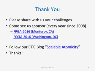 Thank	
  You	
  
•  Please	
  share	
  with	
  us	
  your	
  challenges	
  
•  Come	
  see	
  us	
  sponsor	
  (every	
  year	
  since	
  2008)	
  
– FPGA-­‐2016	
  (Monterey,	
  CA)	
  
– FCCM-­‐2016	
  (Washington,	
  DC)	
  
	
  
•  Follow	
  our	
  CTO	
  Blog	
  “Scalable	
  Atomicity”	
  
•  Thanks!	
  
	
  
	
   50	
  ©2015	
  Atomic	
  Rules	
  LLC	
  
 