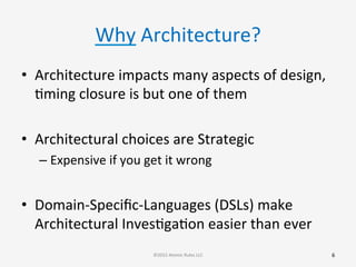 Why	
  Architecture?	
  
•  Architecture	
  impacts	
  many	
  aspects	
  of	
  design,	
  
Gming	
  closure	
  is	
  but	
  one	
  of	
  them	
  
•  Architectural	
  choices	
  are	
  Strategic	
  
– Expensive	
  if	
  you	
  get	
  it	
  wrong	
  
•  Domain-­‐Speciﬁc-­‐Languages	
  (DSLs)	
  make	
  
Architectural	
  InvesGgaGon	
  easier	
  than	
  ever	
  	
  
6	
  ©2015	
  Atomic	
  Rules	
  LLC	
  
 