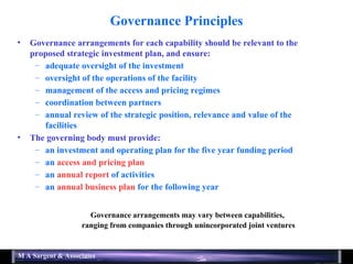 Governance Principles Governance arrangements for each capability should be relevant to the proposed strategic investment plan, and ensure: adequate oversight of the investment oversight of the operations of the facility management of the access and pricing regimes coordination between partners annual review of the strategic position, relevance and value of the facilities The governing body must provide: an investment and operating plan for the five year funding period an  access and pricing plan an  annual report  of activities an  annual business plan  for the following year Governance arrangements may vary between capabilities,  ranging from companies through unincorporated joint ventures 