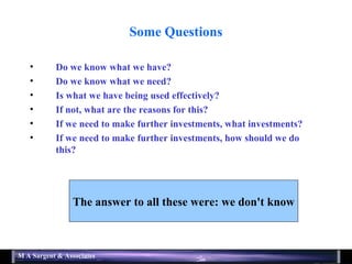 Some Questions Do we know what we have? Do we know what we need? Is what we have being used effectively? If not, what are the reasons for this? If we need to make further investments, what investments? If we need to make further investments, how should we do this? The answer to all these were: we don't know 
