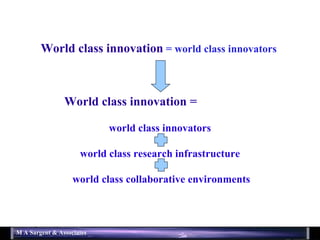 World class innovation =  world class innovators  . world class research infrastructure .  world class collaborative environments World class innovation  = world class innovators 