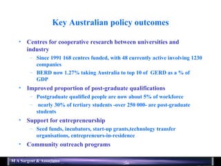 Key Australian policy outcomes Centres for cooperative research between universities and industry Since 1991 168 centres funded, with 48 currently active involving 1230 companies BERD now 1.27% taking Australia to top 10 of  GERD as a % of GDP  Improved proportion of post-graduate qualifications Postgraduate qualified people are now about 5% of workforce nearly 30% of tertiary students -over 250 000- are post-graduate students Support for entrepreneurship Seed funds, incubators, start-up grants,technology transfer organisations, entrepreneurs-in-residence Community outreach programs 