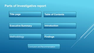 Parts of Investigative report
Title page Table of Contents
Executive Summary Introduction
Methodology Findings
Conclusion and Recommendation
 