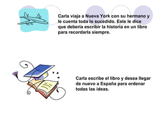 Carla viaja a Nueva York con su hermano y le cuenta toda lo sucedido. Este le dice que debería escribir la historia en un libro para recordarla siempre. Carla escribe el libro y desea llegar de nuevo a España para ordenar todas las ideas. 