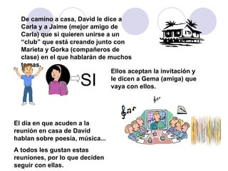 De camino a casa, David le dice a Carla y a Jaime (mejor amigo de Carla) que si quieren unirse a un “club” que está creando junto con Marieta y Gorka (compañeros de clase) en el que hablarán de muchos temas. Ellos aceptan la invitación y le dicen a Gema (amiga) que vaya con ellos. SI El día en que acuden a la reunión en casa de David hablan sobre poesía, música... A todos les gustan estas reuniones, por lo que deciden seguir con ellas. 