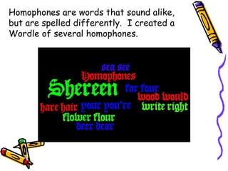 Homophones are words that sound alike,
but are spelled differently. I created a
Wordle of several homophones.
 