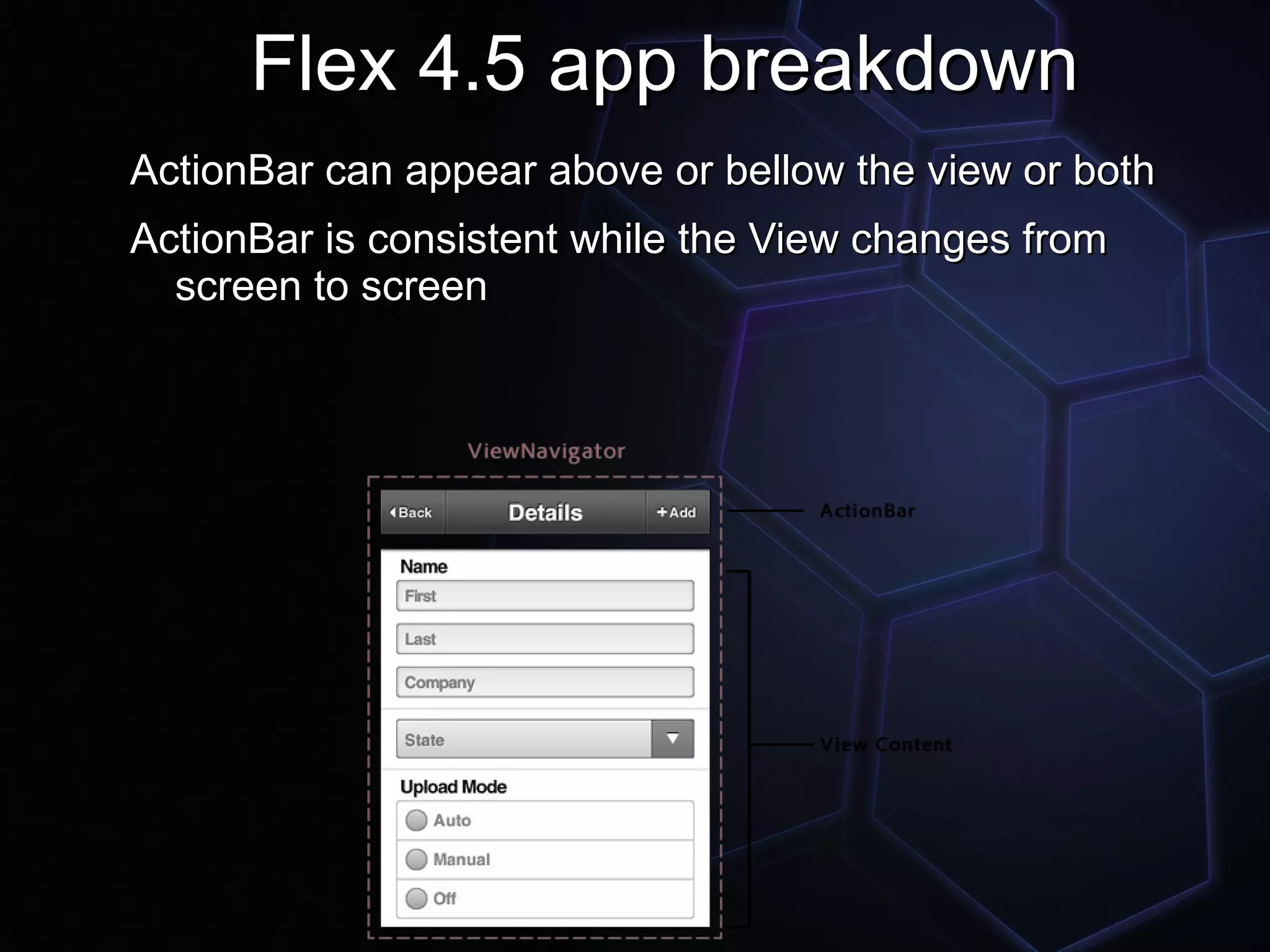 Flex 4.5 app breakdown
ActionBar can appear above or bellow the view or both
ActionBar is consistent while the View changes from
  screen to screen
 