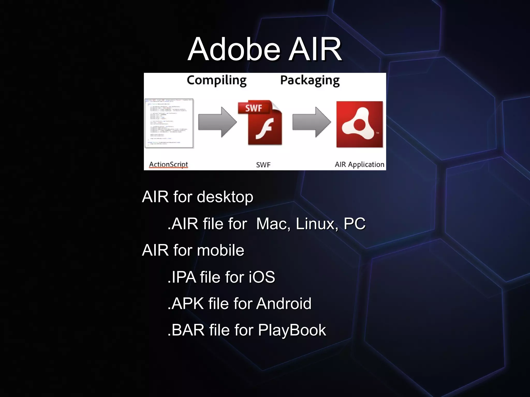 Adobe AIR



AIR for desktop
   .AIR file for Mac, Linux, PC
AIR for mobile
   .IPA file for iOS
   .APK file for Android
   .BAR file for PlayBook
 