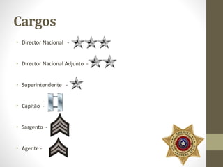 Cargos 
• Director Nacional - 
• Director Nacional Adjunto - 
• Superintendente - 
• Capitão - 
• Sargento - 
• Agente - 
 